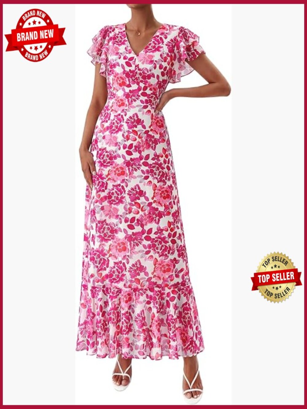 Ruffle Sleeve V-Neck Flowy Maxi Dress with Pockets